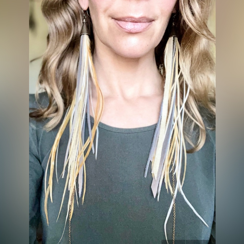 Long feather, leather, and chain earrings